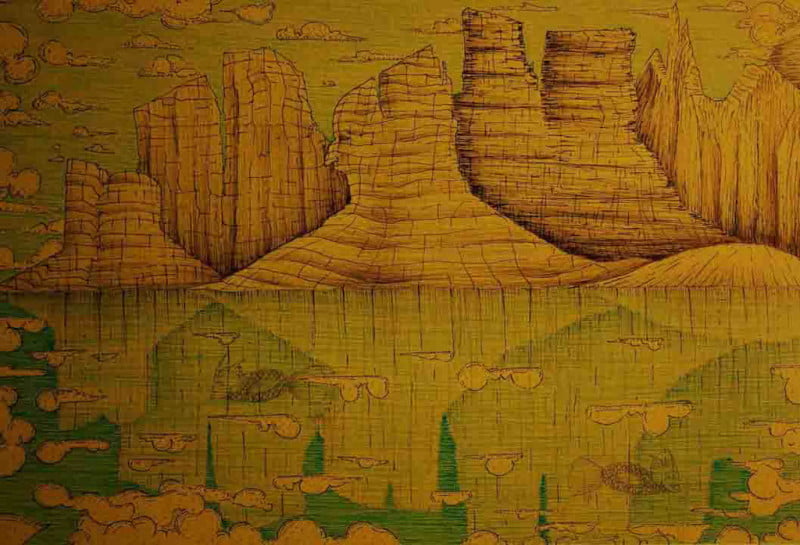 Ilustración Paisaje presagio, sueños, presagios y alucinaciones. artista Adrián Estrada Mejía, Tercera Edición Ciudad Gótica, Revista Digital La Astilla en el Ojo.