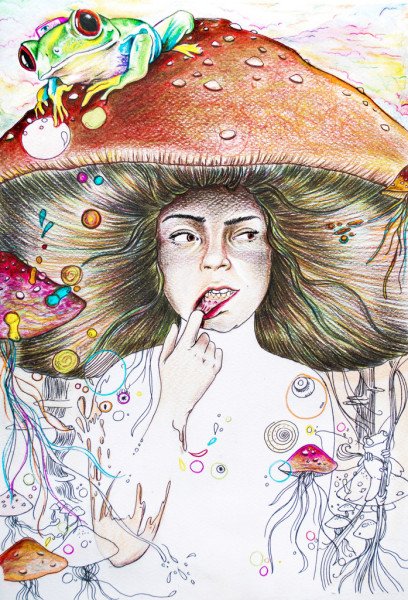 Psicodelia ilustración por Juan Zapata (Zeta Ce) de la serie Mujer me inspiras. Primera edición Amor, Alegría y Locura Revista Digital La Astilla en el OJo.