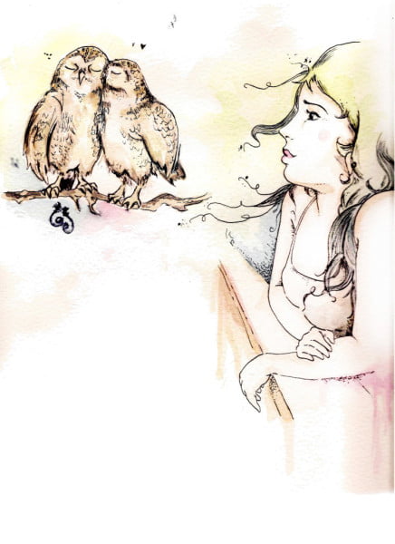 Lechuza ilustración por Juan Zapata (Zeta Ce) de la serie Mujer me inspiras. Primera edición Amor, Alegría y Locura Revista Digital La Astilla en el OJo. Acompañante del Texto "Vuela pequeña en las alas de la lechuza" Carolina Hidalgo