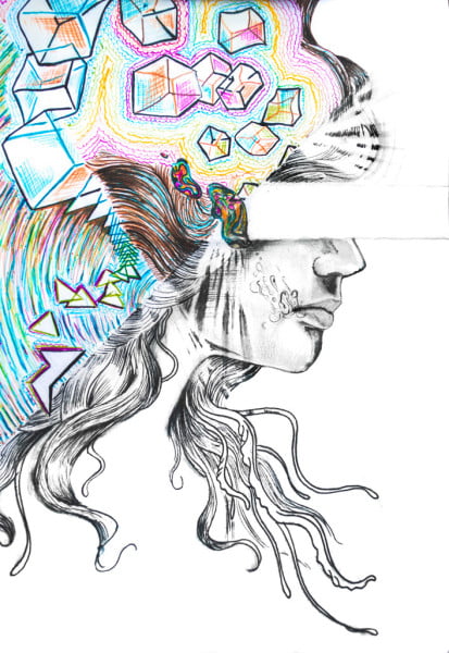 Ilustración Rayo por Juan Zapata (Zeta Ce) para la Cuarta edición Psicodelia de la Revista Digital La Astilla en el Ojo. Acompañante del texto Cálmate Noche de Ángela Aragón.